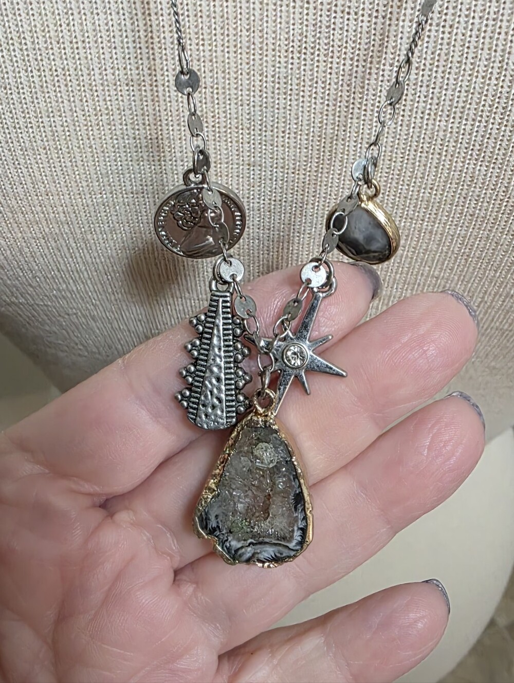 Long Charm Necklace Star Druzzy Coin 28" Long Chain
